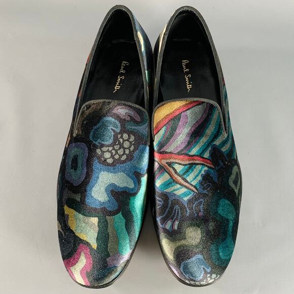 PAUL SMITH Size 8 Black Multi Color Abstract Print Velvet Slip On Loafers main image 9